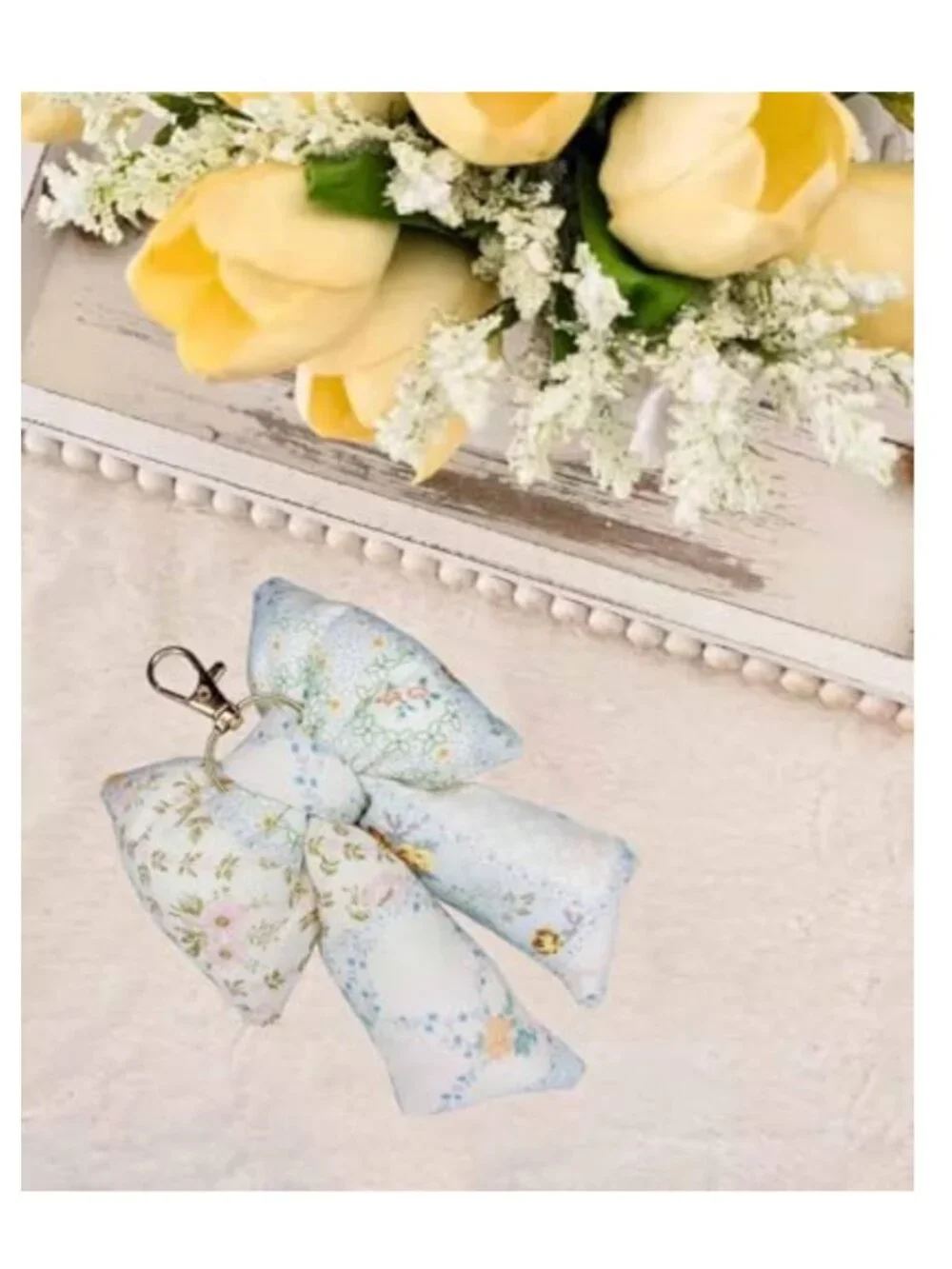 Puffy Bow Keychain Bag Charm Handmade Cotton Keyring Purse Accessory for Women